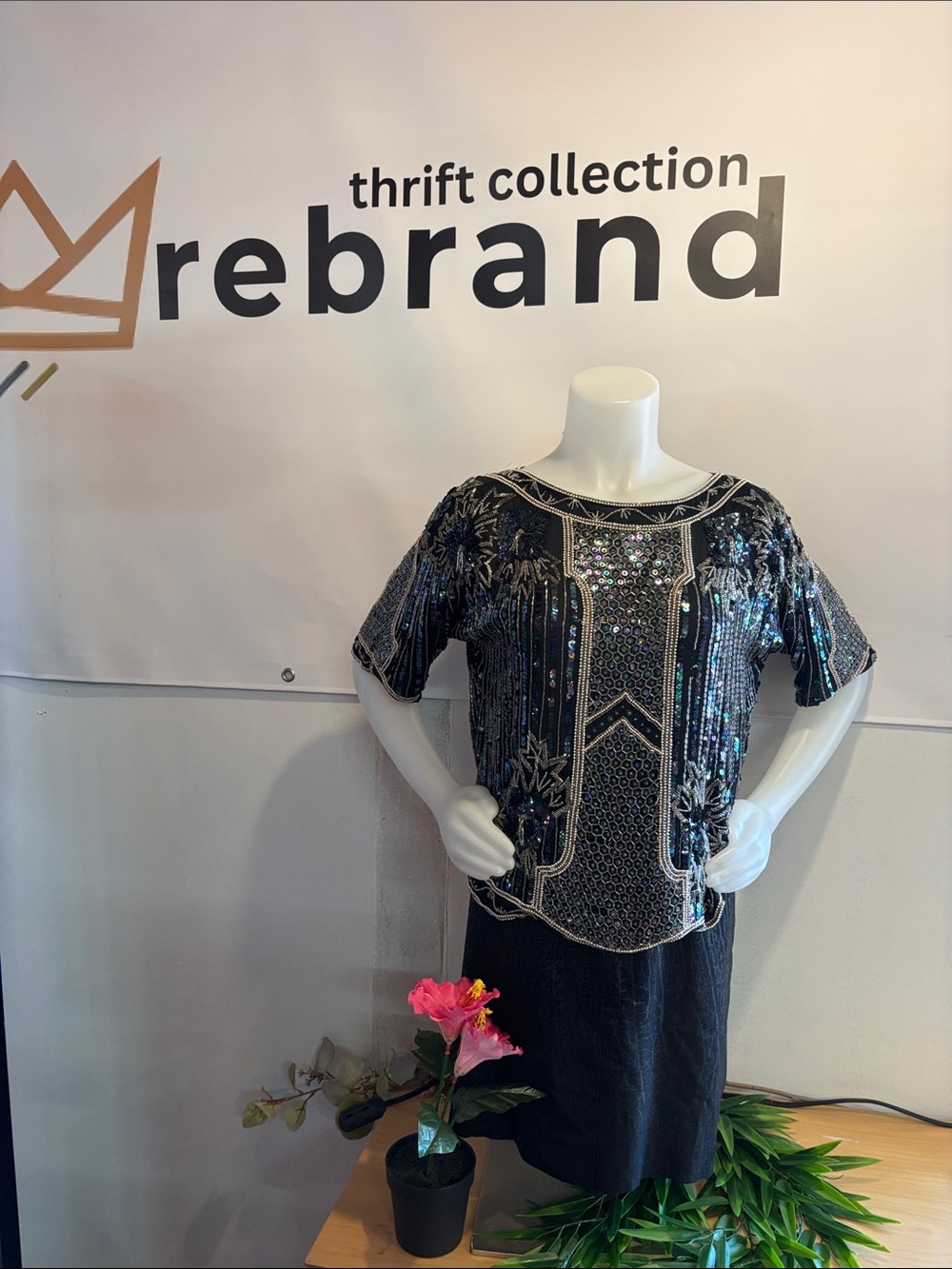 Vintage Black Sequin Embellished Women's Top